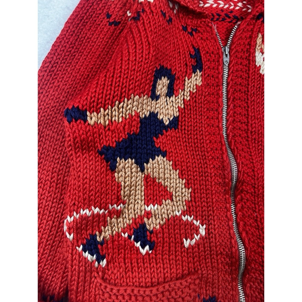 Vintage Mary Maxim Cowichan Figure Skating, Wool, Hand Knit Red Zip Up Sweater - Picture 5 of 16
